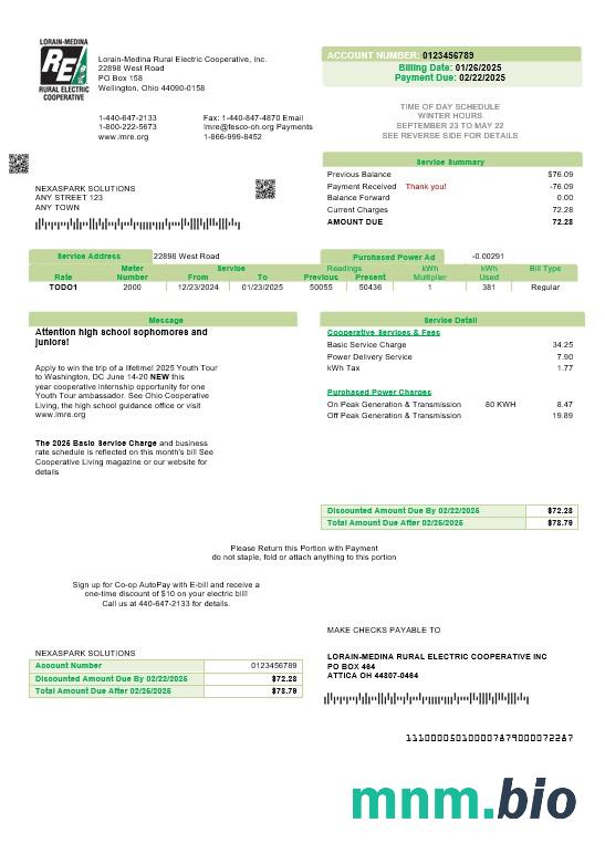 USA Ohio Lorain - Medina Rural Electric rachunek za usługi komunalne szablon w formacie Word i PDF